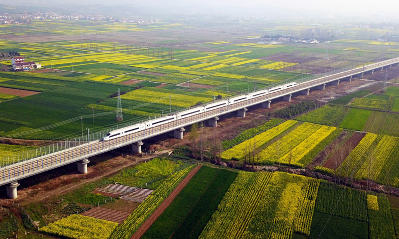 圖為3月20日，動車組列車行駛在西成高鐵陜西漢中洋縣段。新華社發（唐振江 攝）