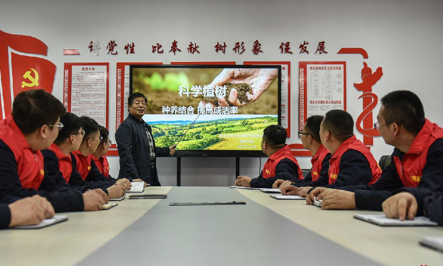 為了提高種植成活率，工作人員認(rèn)真學(xué)習(xí)植樹(shù)知識(shí)。（孫丁 攝）