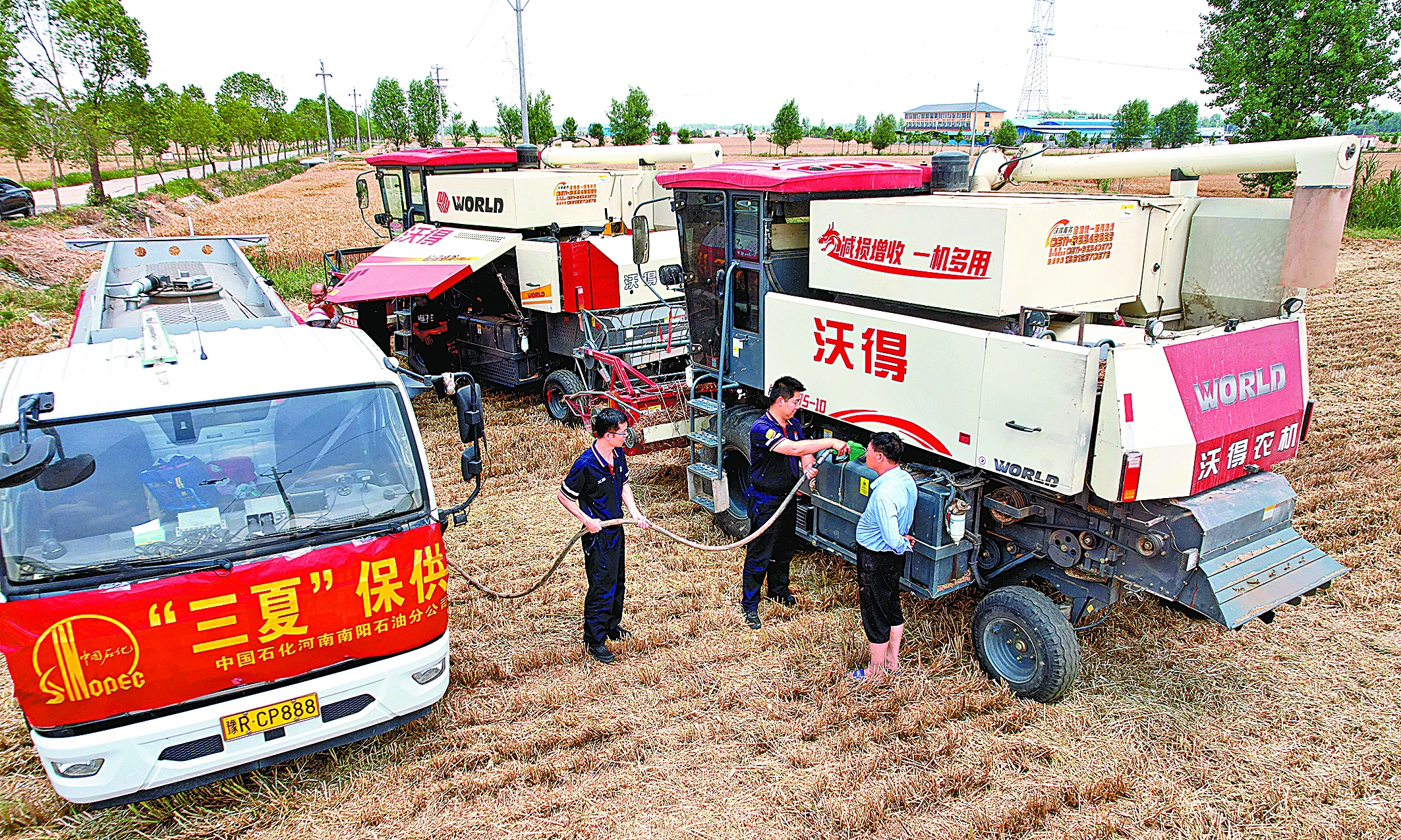 當前，全國進入“三夏”農(nóng)忙時節(jié)。中國石化各油品銷售企業(yè)全力以赴，做好“三夏”服務工作，為夏糧適時收獲、顆粒歸倉提供強有力的保障服務。河南石油設置600座農(nóng)機專供站，成立送油小分隊，提供送油下鄉(xiāng)服務，并在司機之家免費提供洗衣、淋浴、用餐等增值服務。圖為南陽石油員工把農(nóng)用柴油送到南陽市唐河縣桐寨鋪鎮(zhèn)吳新村麥田。