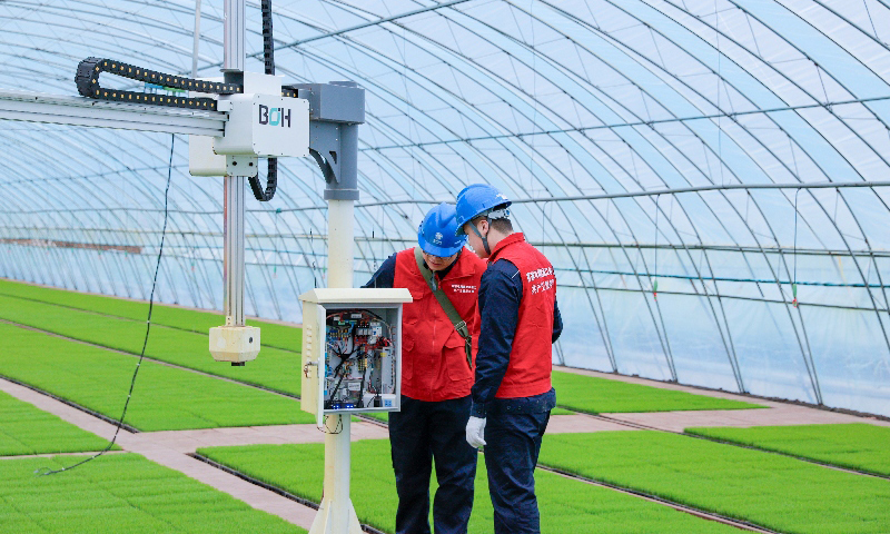 國家電網黑龍江雙鴨山供電公司工作人員為智能育秧中心檢修秧苗噴淋設備。