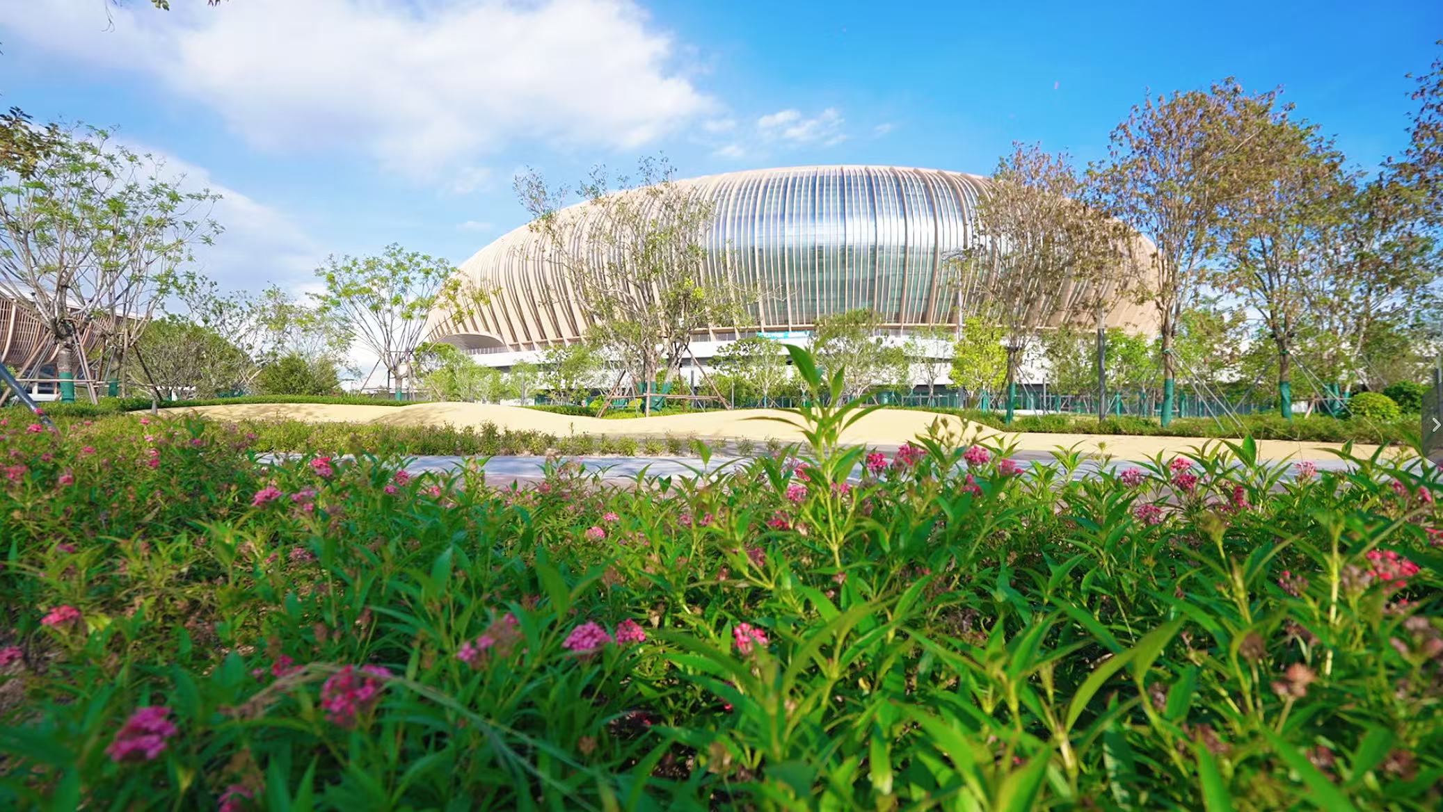 大灣區(qū)文化體育中心秉承“生態(tài)優(yōu)先、綠色發(fā)展”的理念，處處體現(xiàn)“生態(tài)優(yōu)先”的巧思。在材料上采用低反射的玻璃和鋁板，增加建筑立面幕墻的格柵，提高玻璃幕墻對鳥類的可視性；照明方面嚴格控制亮度與開啟時間，采用漫射光代替直射光，巧妙勾勒建筑夜間輪廓；在室外營造濕地景觀，為鳥類提供適宜棲息環(huán)境，實現(xiàn)生態(tài)與經(jīng)濟效益雙贏。