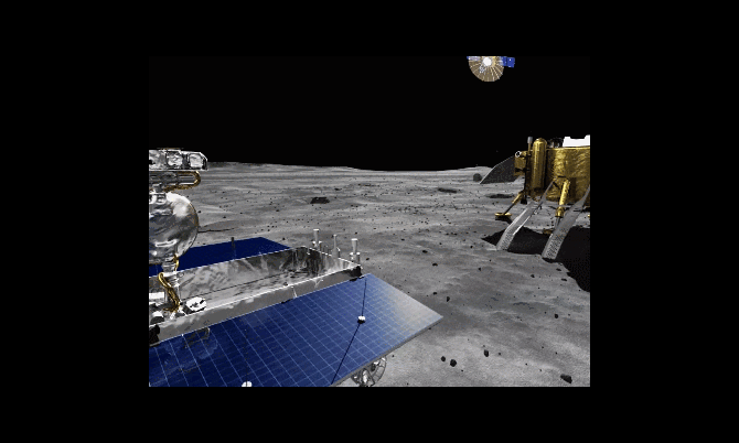 嫦娥四號探測器巡視器（左）、著陸器（右）、中繼星“鵲橋”（上）示意圖。